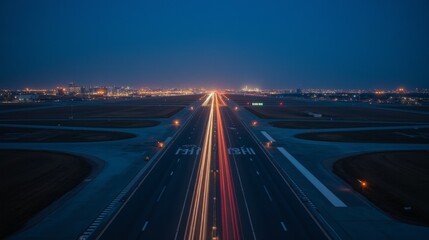 Obraz premium Nighttime Airport Runway Illuminated by Traffic Lights and Cityscape