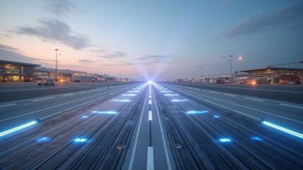 Aerial View of an Urban Airport Runway at Dusk with Illuminated Lights