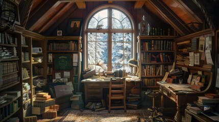 Fototapeta premium Cozy Winter Writer's Attic: A haven for literary pursuits amidst snowy landscape. Books, desk, and rustic charm create a peaceful atmosphere.