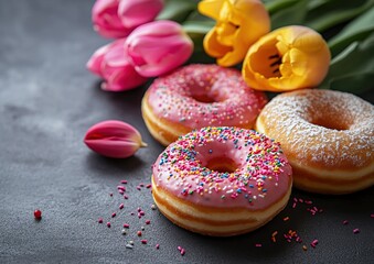 Delicious Donuts with Sprinkles and Tulips: A Sweet Treat for Any Occasion