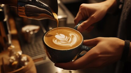 A barista crafting a latte with intricate foam art, in a cozy and modern coffee shop, Coffee shop scene