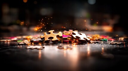 Obraz premium Golden Puzzle Pieces Gleam Darkly Dramatic Lighting. AI Generated