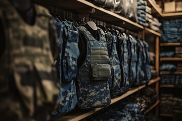 Naklejka premium Tactical Vests: Displaying Protective Gear in a Store, Highlighting Durability and Camouflage Patterns