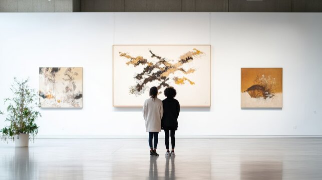 Woman and couple observing modern art in a contemporary art gallery setting with various paintings displayed