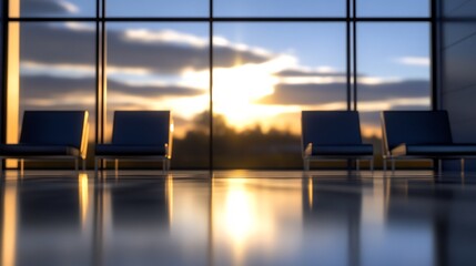 Fototapeta premium Serene Sunset Airport Lounge Chairs Reflecting Warm Light. AI Generated
