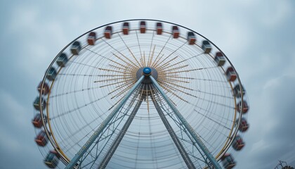 Fototapeta premium Spinning ferris wheel amusement park gigapixel cgi overcast sky wide-angle view fun and excitement