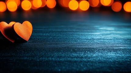 Fototapeta premium Romantic wooden hearts softly glow under warm light. AI Generated