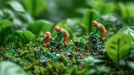 Miniature figures of workers tending to a lush green landscape, showcasing environmental care and teamwork