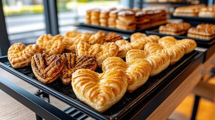 Display of heart-shaped pastries on a tray with golden crust and various toppings for dessert lovers