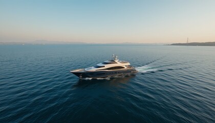 Obraz premium Luxury yacht sailing across tranquil waters ocean aerial view serene atmosphere