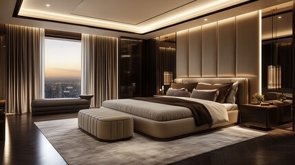 Luxury Penthouse Bedroom with City View at Dusk