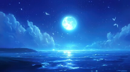 serene nighttime ocean scene illuminated by a bright full moon, with gentle waves reflecting moonlight and soft clouds drifting in the starry sky