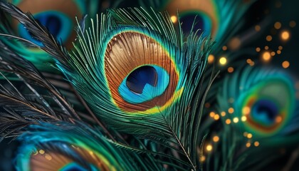Obraz premium Vibrant Peacock Feather with Iridescent Blue, Green, and Gold Hues, Intricate Eye Pattern, and Radiant Glowing Accents