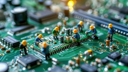 Miniature workers assembling components on a circuit board in a vibrant tech workshop setting