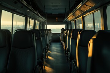 Fototapeta premium Empty Bus Seats Await Passengers on a Scenic Journey at Sunrise