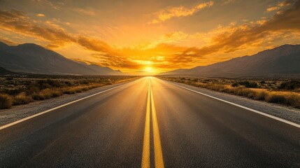 Naklejka premium Desert highway sunset; journey, mountains background, travel concept