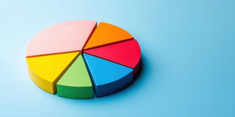 Obraz premium A colorful pie chart displayed on a blue background, representing data visually with segmented sections in various colors.