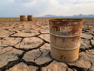 Naklejka premium A rusted barrel stands on cracked, dry earth, symbolizing environmental degradation and the impact of drought.