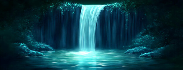 Night waterfall, forest pool, serene background, fantasy