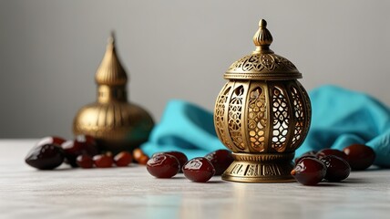 Muslim lamp dates and prayer beads on table white background