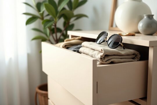 A pair of sunglasses rests atop neatly folded apparel within a light beige dresser drawer, a subtle hint of effortless style and organization in a calm interior setting.
