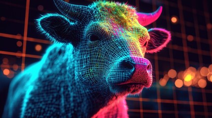 Neon Wireframe Cow Portrait Digital Art