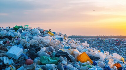 A vast heap of plastic waste under a colorful sunset, highlighting the environmental challenges of pollution and waste management.