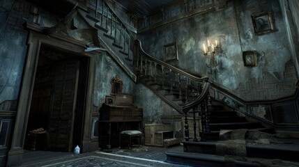 Fototapeta premium Eerie Abandoned Mansion: A Dark and Mysterious Staircase