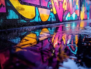 Obraz premium Vibrant graffiti wall reflects in puddle, urban street scene, background blur