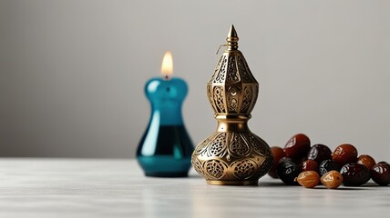 Muslim lamp dates and prayer beads on table white background