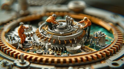 Miniature workers assembling intricate mechanical gears in a detailed industrial setting
