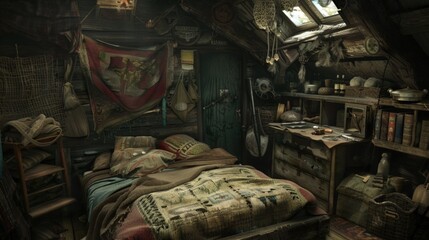 Naklejka premium Mysterious Attic Bedroom: A digital artwork depicting a cluttered and intriguing attic bedroom, filled with vintage items and a sense of mystery.