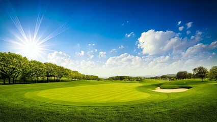 ゴルフのイメージ ゴルフ場 青空 芝生 おしゃれ 背景素材 チラシ・バナー・動画素材 AI生成素材