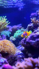 Fototapeta premium Vibrant underwater coral reef with vivid fish. Vertical