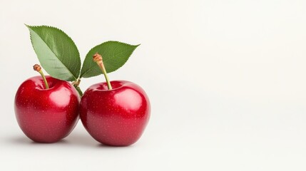 Obraz premium Two Ripe Red Cherries with Green Leaf. Generative AI