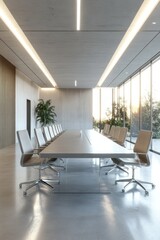 Fototapeta premium Modern conference room, sunset view, meeting table, chairs, minimalist design; business meeting
