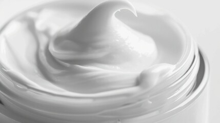 Close-up view of white cream swirled on a white background, showcasing the texture and shape of a cosmetic product. 