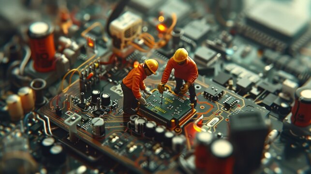 Miniature workers assembling a circuit board with intricate components in a tech environment - Powered by Adobe