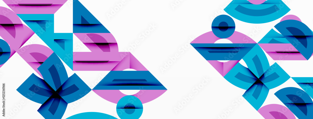 Poster Abstract geometric background with shapes, featuring circular and rounded elements. Bold contrast, smooth gradients, dynamic composition, futuristic style