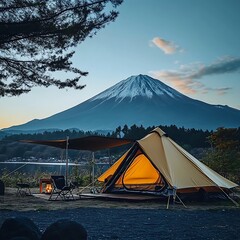 Camping tents in the mountains at sunset, Carpathian, Ukraine