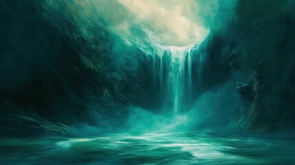 Naklejka premium Enchanting waterfall cascades into mystic pool, dark cliffs backdrop