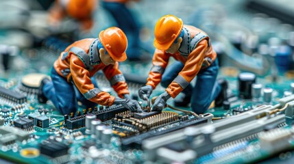 Miniature workers repairing a circuit board, showcasing intricate details of technology and teamwork