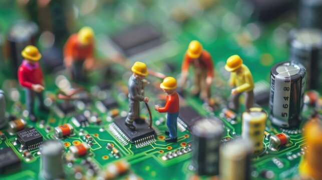Miniature figures of workers repairing a circuit board, showcasing detailed electronic components