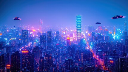 Obraz premium Futuristic Cityscape With Flying Cars Above Neon Lights
