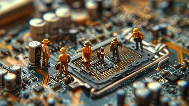 Miniature workers repairing a computer chip on a circuit board, showcasing technology in action (1)