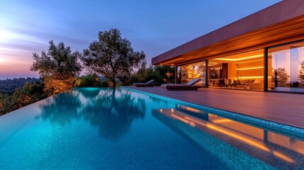 Fototapeta premium Luxury Modern Villa with Infinity Pool at Sunset. Generative AI