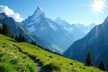 Obraz premium A Serene Mountain Path Winding Through Lush Alpine Meadows Under a Radiant Sun