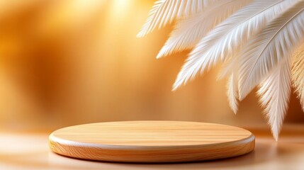 Luxury Beige Composition with Wooden Podium. Generative AI