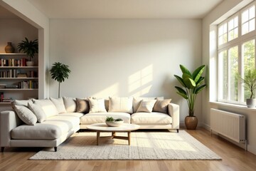 Naklejka premium Serene Living Room Interior Design with Ample Natural Light and Neutral Color Palette