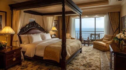 Luxurious ocean-view bedroom suite, coastal resort